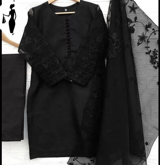 Black Embroidered Organza Suit – 3 Pcs