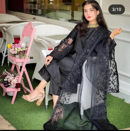 Black Embroidered Organza Suit – 3 Pcs