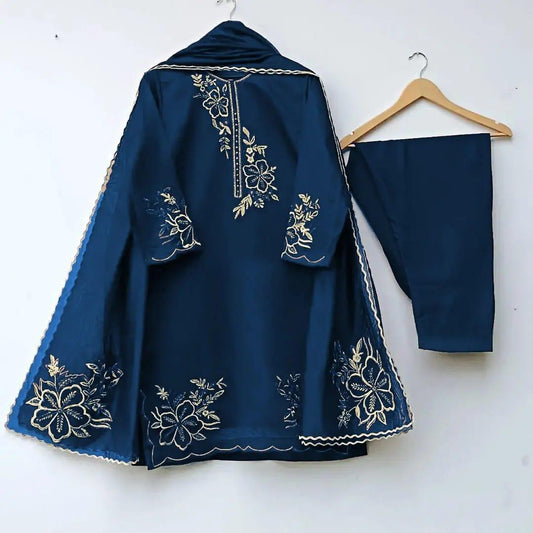 Women's Blue Embroidered Organza Suit – 3 Pcs