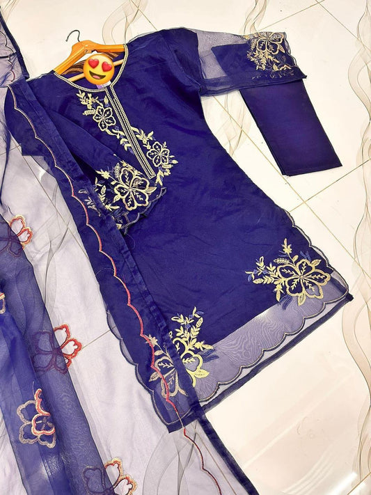 Women's Blue Embroidered Organza Suit – 3 Pcs